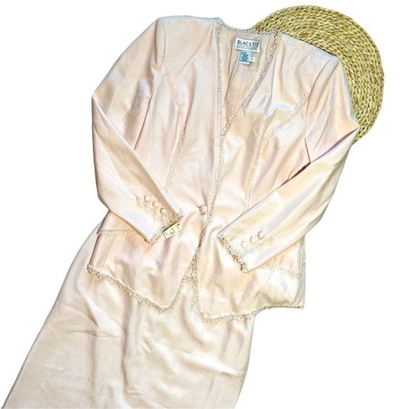 Vintage Black Tie Oleg Cassini 100% Silk Blush Embellished Suit Deadstock Sz 14 - Picture 17 of 17